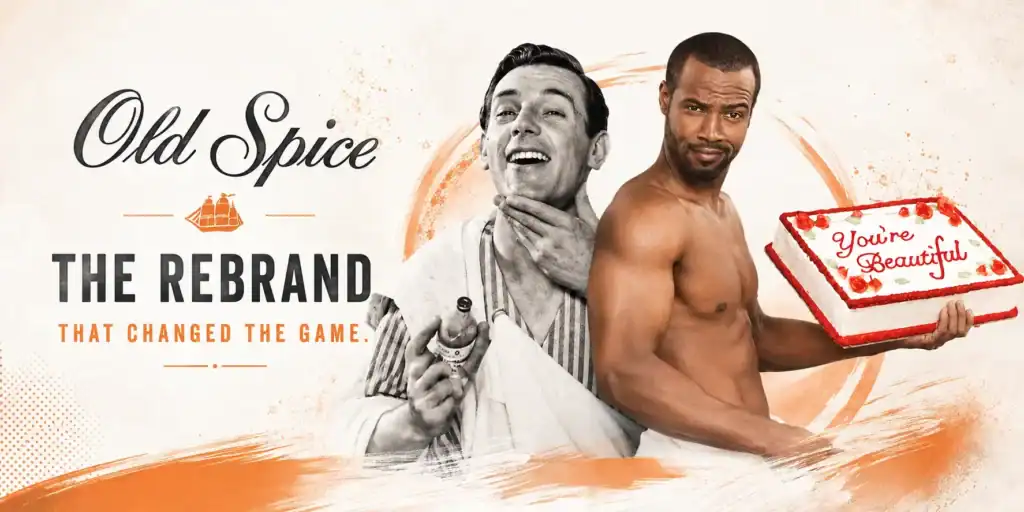Old Spice historical and modern ads side-by-side with cake.