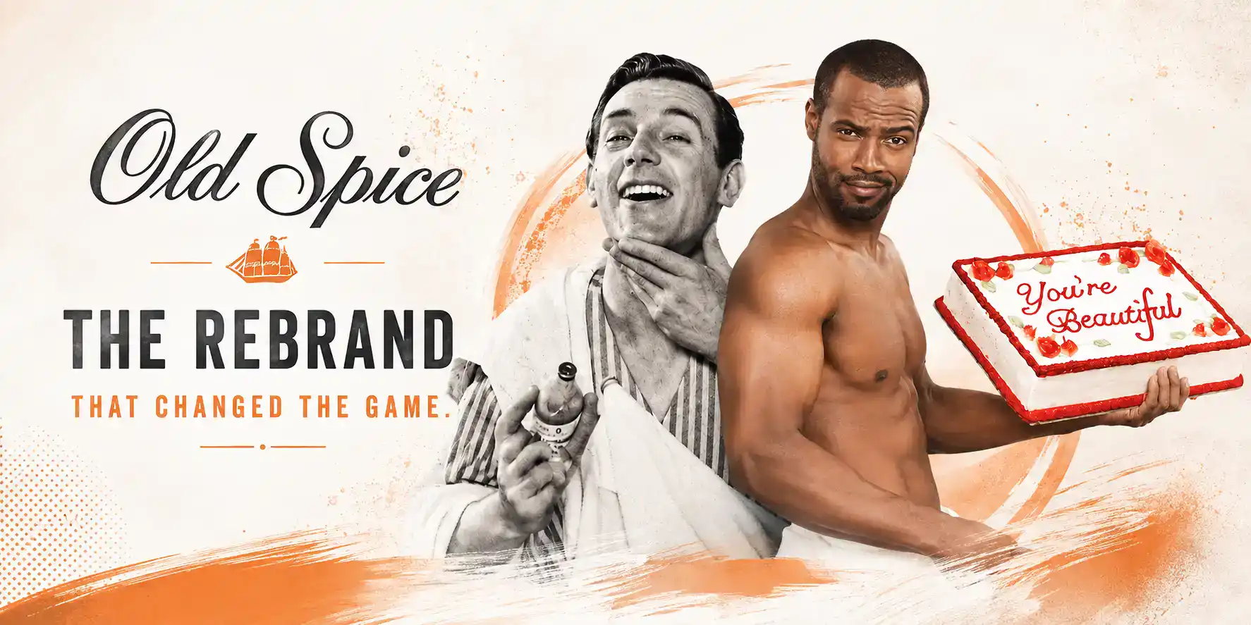 Old Spice historical and modern ads side-by-side with cake.