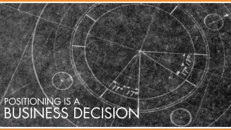 Blueprint background with geometric circles and text reading "Positioning is a business decision